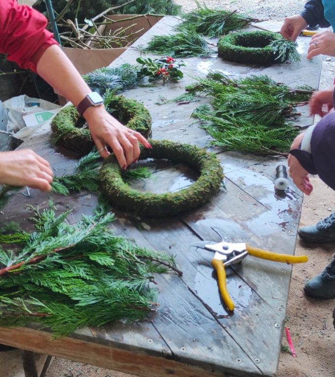 Hands assembling Christmas wreaths on a wooden table with gardening tools nearby.