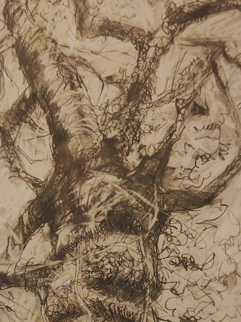 Detailed sketch of a tree trunk with textured bark and surrounding foliage.