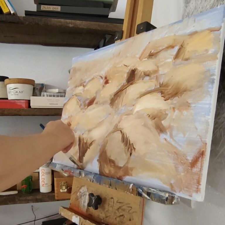 Painting with acrylic on canvas. Set in art studio with art materials in the background